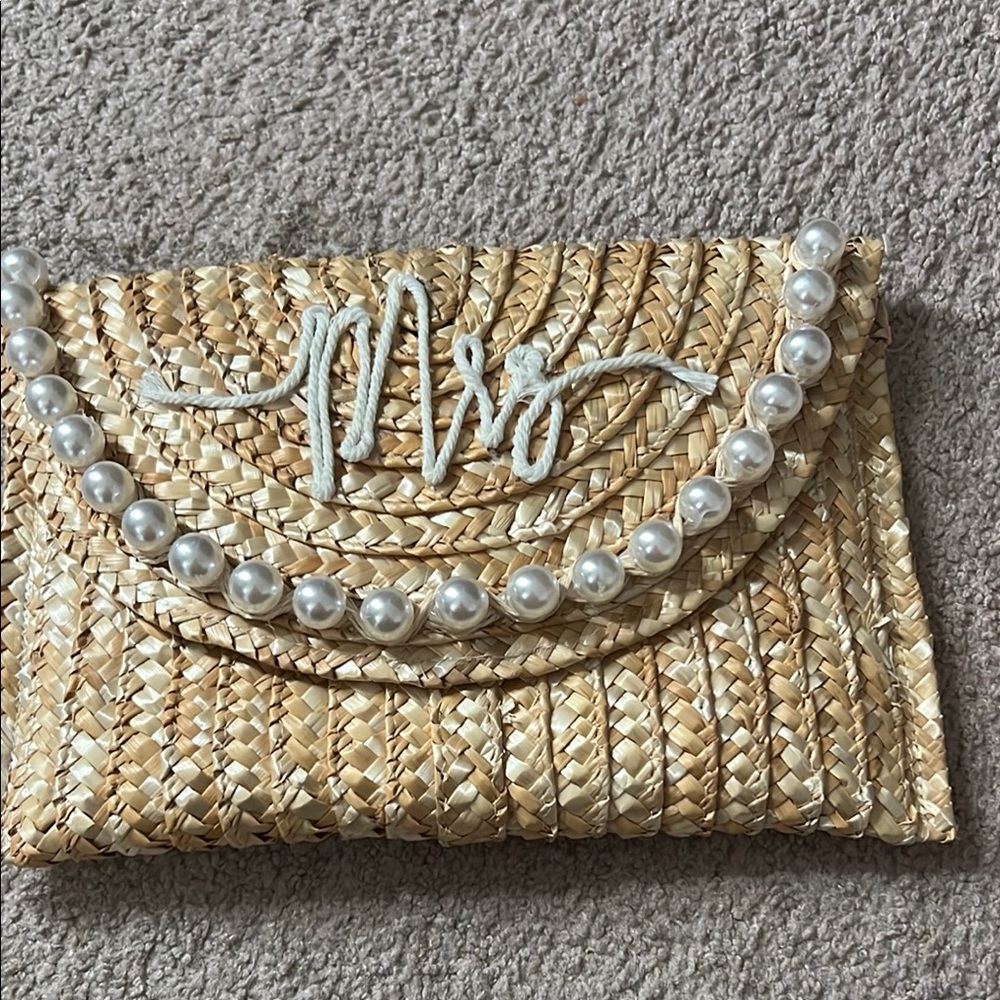 Straw Clutch with Pearl Accents